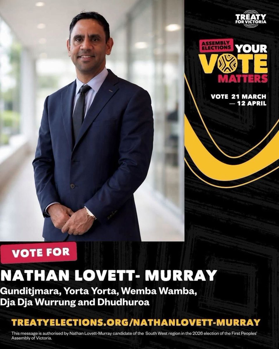 NATRAT42's tweet photo. 🖤💛❤️ YOUR VOTE MATTERS – SOUTH WEST MOB, THIS IS OUR TIME

The First Peoples’ Assembly of Victoria elections are here, and your voice is powerful. From 21 March to 12 April, we have the chance to shape our future and move closer to Treaty.

I’m proud to be standing as your candidate for the South West – and I’m asking for your support.

📍 Come down and vote at one of these local booths and check the flyer below for dates and times:
✔️ Portland – Dhauwurd-Wurrung Health Service
✔️ Hamilton – SWTAFE
✔️ North Ballarat – BADAC
✔️ Belmont – Balyang Bolt
✔️ Purnim – Framlingham Kirrae Health Service
✔️ Sebastopol Library
✔️ Warrnambool – Eastern Maar Aboriginal Corporation
✔️ Treaty in the Park (South West)

These are more than voting locations – they are places where our community comes together to have a say. If you can’t attend you can vote online at https://t.co/bsUCGHZ0bM

This election is about self-determination, strong leadership, and making sure our voices are heard for generations to come.

🤝 I bring my experience, my cultural connections, and my commitment to community – and I’m ready to stand up for our people.

👉 Make your vote count. Support Nathan Lovett-Murray and vote 1. 

#Vote2026 #TreatyVictoria #FirstPeoplesAssembly #SouthWestMob #YourVoteMatters
