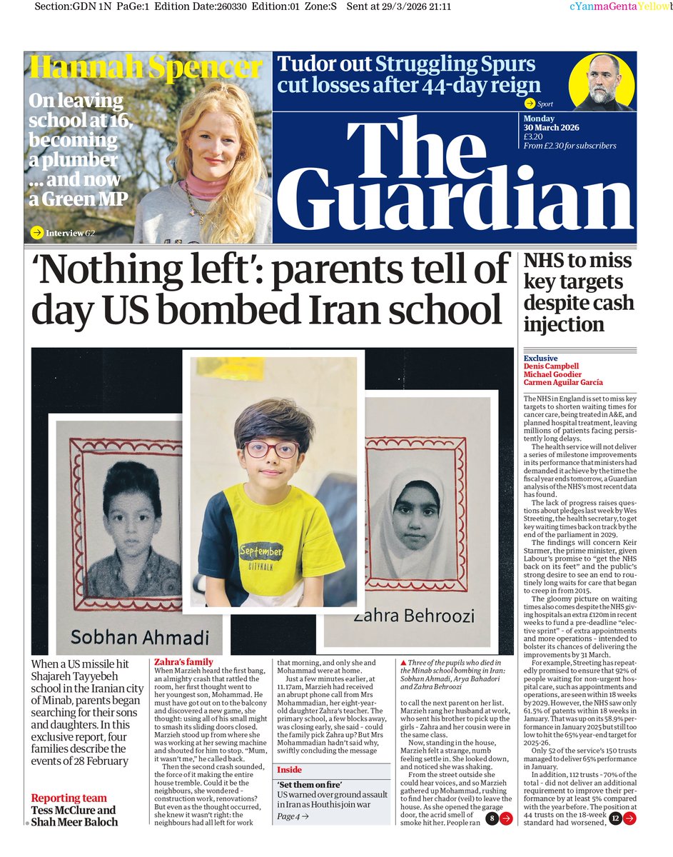 Lou_obrien19's tweet photo. Monday's GUARDIAN: 'Nothing left': Parents tell of day US bombed Iran school #TomorrowsPapersToday https://t.co/1oY2StamMT