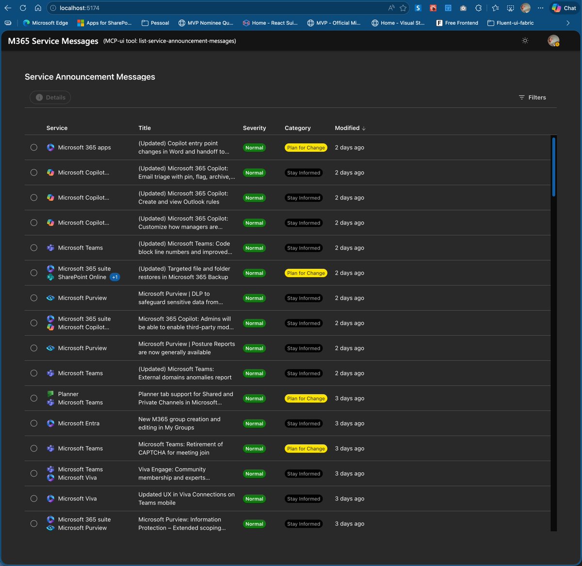 joaojmendes's tweet image. Built this weekend 🚀

MCP-UI powering a Vite app + SPFx web part showing Microsoft 365 service messages — same UI, same behavior, zero rework.

Next: Declarative Agent + Copilot integration.🙂

#MCP #ReactJS #TypeScript #FluentUI #M365Dev #SPFx #Vite