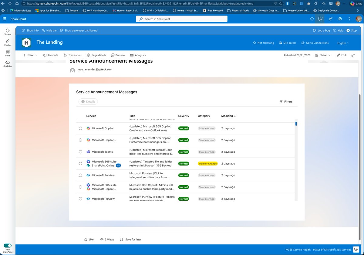 joaojmendes's tweet image. Built this weekend 🚀

MCP-UI powering a Vite app + SPFx web part showing Microsoft 365 service messages — same UI, same behavior, zero rework.

Next: Declarative Agent + Copilot integration.🙂

#MCP #ReactJS #TypeScript #FluentUI #M365Dev #SPFx #Vite