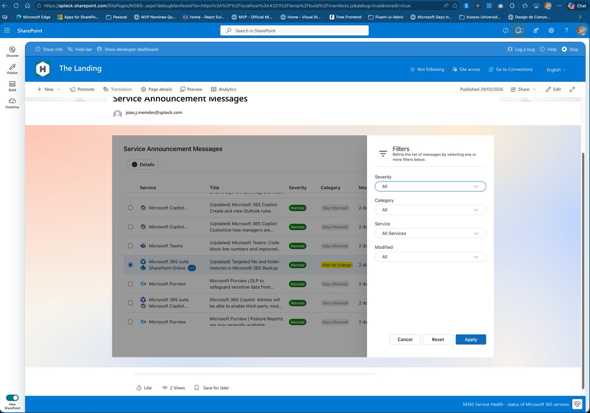 joaojmendes's tweet image. Built this weekend 🚀

MCP-UI powering a Vite app + SPFx web part showing Microsoft 365 service messages — same UI, same behavior, zero rework.

Next: Declarative Agent + Copilot integration.🙂

#MCP #ReactJS #TypeScript #FluentUI #M365Dev #SPFx #Vite