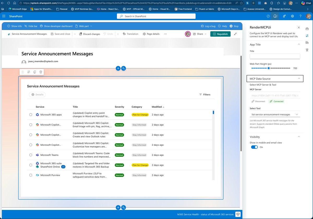 joaojmendes's tweet image. Built this weekend 🚀

MCP-UI powering a Vite app + SPFx web part showing Microsoft 365 service messages — same UI, same behavior, zero rework.

Next: Declarative Agent + Copilot integration.🙂

#MCP #ReactJS #TypeScript #FluentUI #M365Dev #SPFx #Vite