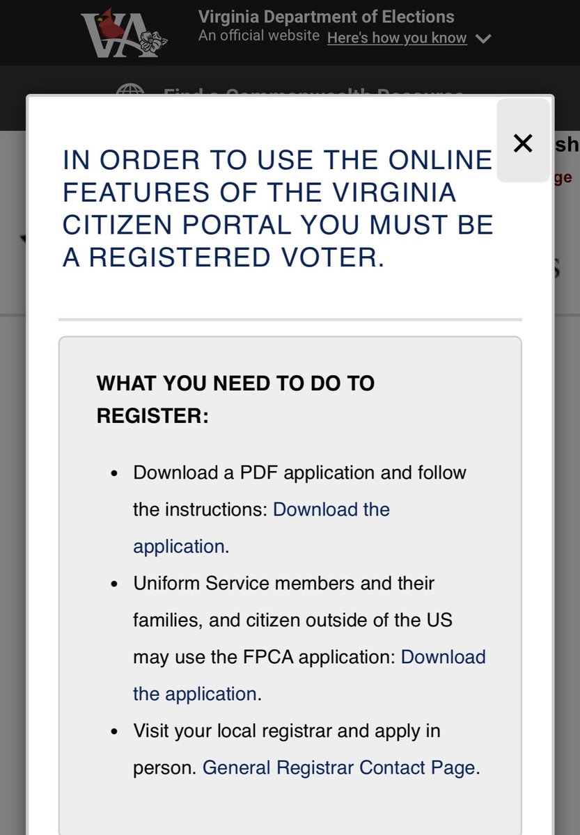 DrJhodge1906's tweet image. I received this message after attempting to vote in favor of fair elections in Virginia.  I’ve been a registered voter since age 18 in North Carolina (#NCAT) and later registered in Virginia at age 25. 

Three fellow Virginian voters received the same message last week. Perhaps