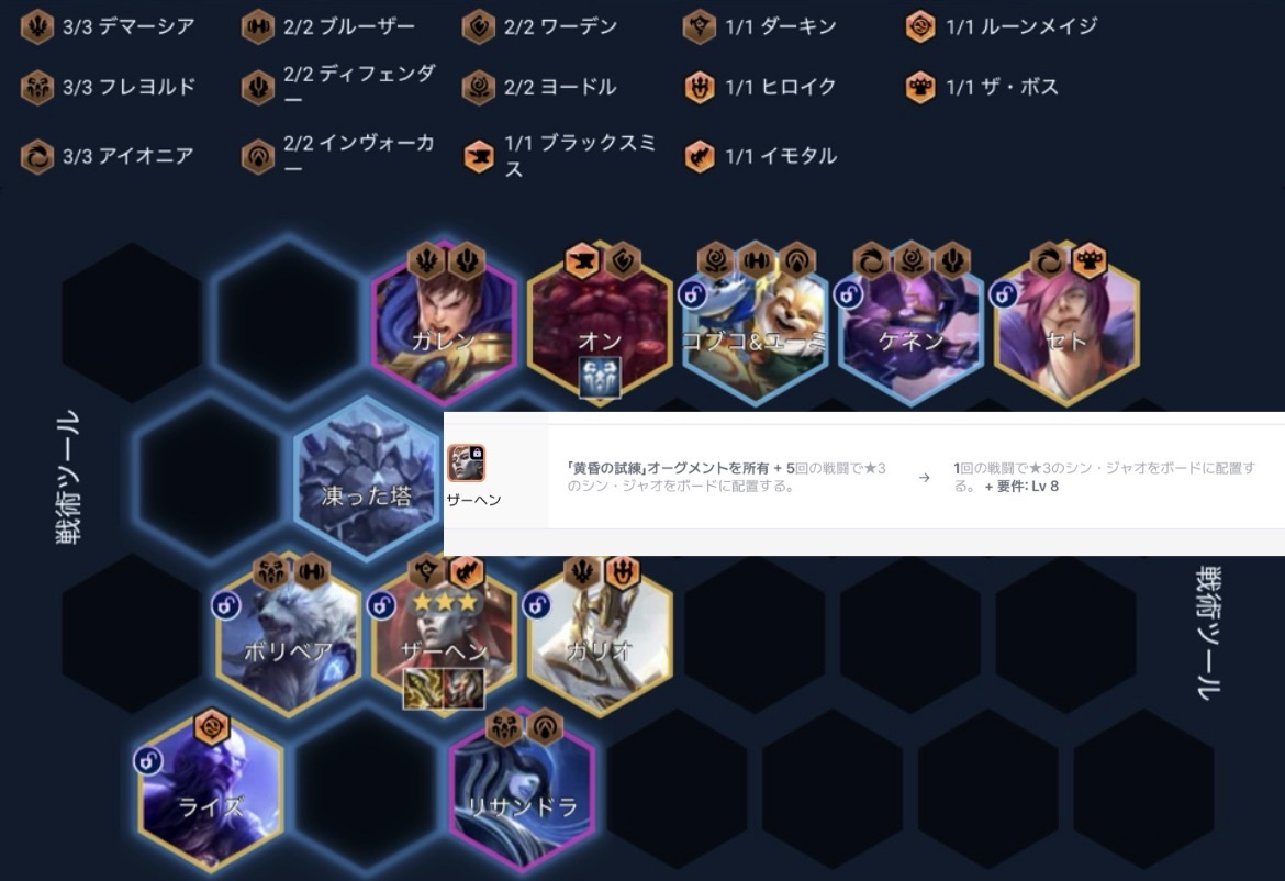 Ginya_76's tweet photo. SET16最終パッチ人類最速攻略
【究極完全体ファイナルザーヘン】
☑️オーンにフレヨルド追加
☑️ザーヘンアンロック条件変更
8レベルで⭐︎3シンジャオ1回配置
（黄昏の試練削除） https://t.co/ucSrDgT64j
