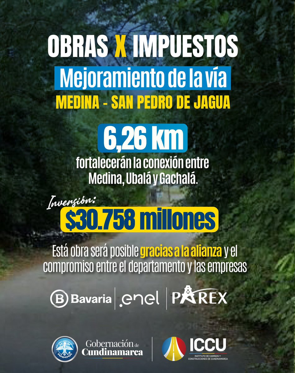 Hoy avanzamos en un proyecto clave para el departamento, gracias a la articulación entre el sector público y empresas como <a href="/BAVARIA_OFICIAL/">Bavaria</a>, <a href="/EnelColombia/">Enel Colombia</a> y <a href="/ParexResources/">Parex Resources</a>, que han decidido apostarle al desarrollo de Cundinamarca, postulándose al mecanismo de #ObrasXImpuestos.
