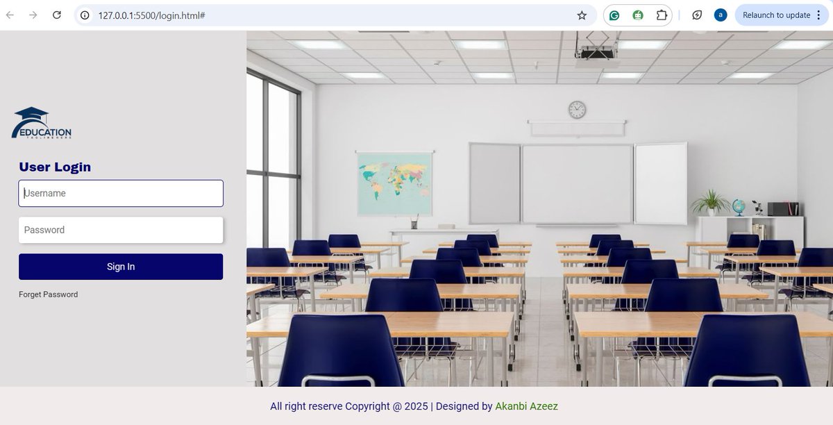 AkanbiAzeez9's tweet photo. I recently built this responsive school login page using HTML and SASS.
My focus was on responsiveness, clean UI, and maintainable code structure.
As you can see, it works perfectly across all screen sizes.
This is one of the projects in my frontend development journey. https://t.co/hNPJ2JddFi