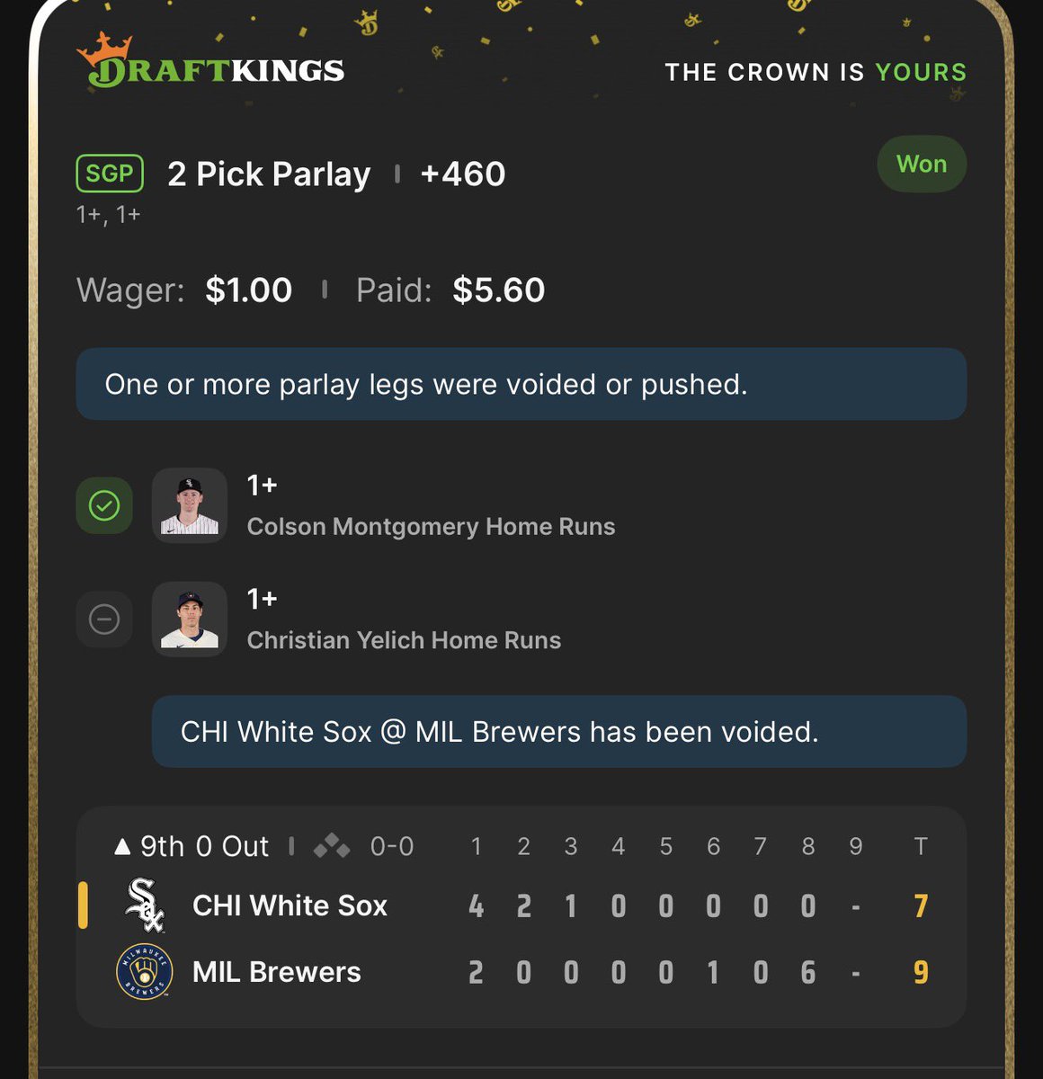 MattBassham's tweet photo. @DK_Assist I understand why Yelich was voided, but since he came into the game and hit a homer, am I SOL now? https://t.co/LpDA2FqR1Q