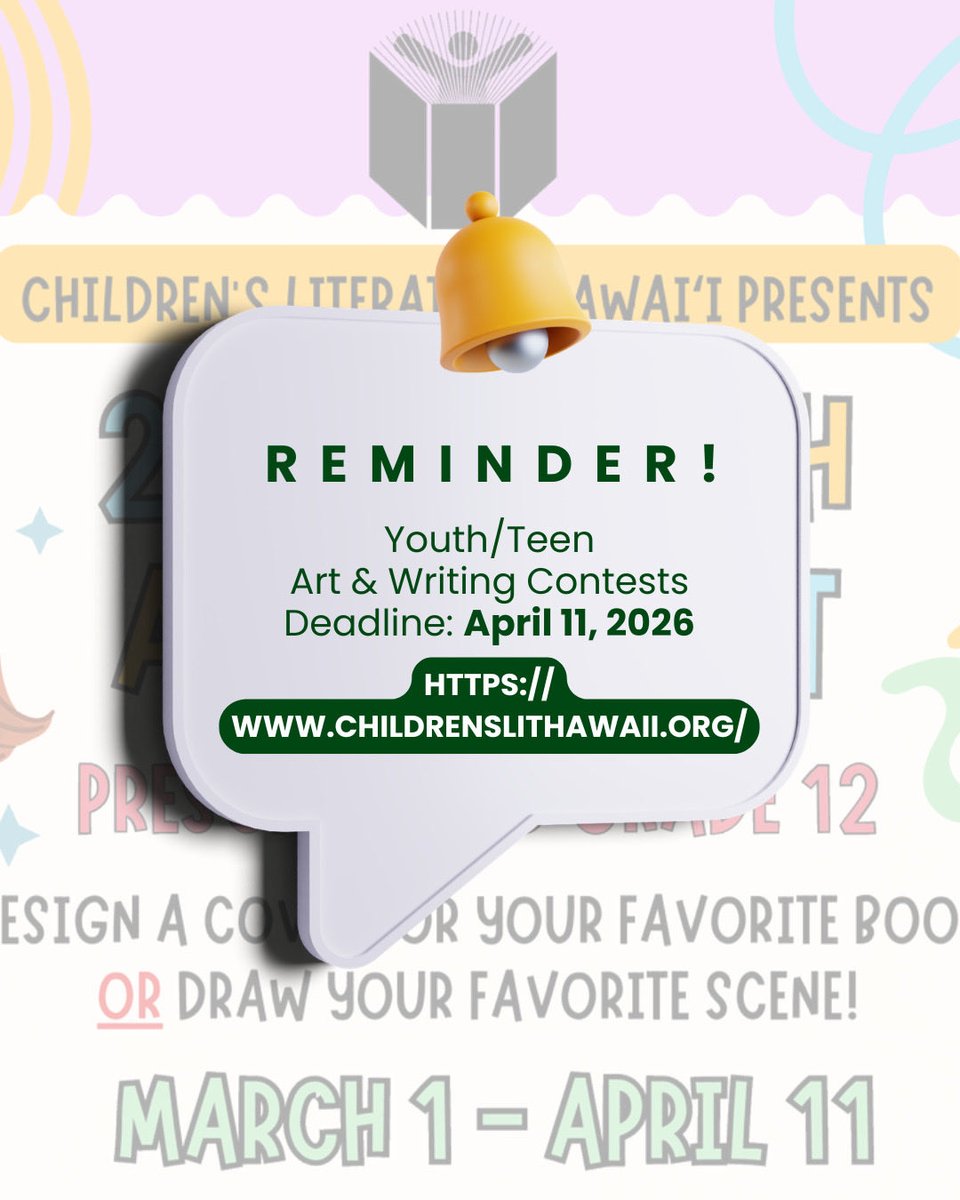 ChildrensLitHI's tweet photo. Reminder: Our youth and teen Art &amp; Writing Contests are open until April 11!

For Art: Design a cover for your favorite book OR draw your favorite scene from a book.

For Writing: Write a poem about the place you call home.

See our website in our bio for details! https://t.co/TT3MofsuL6