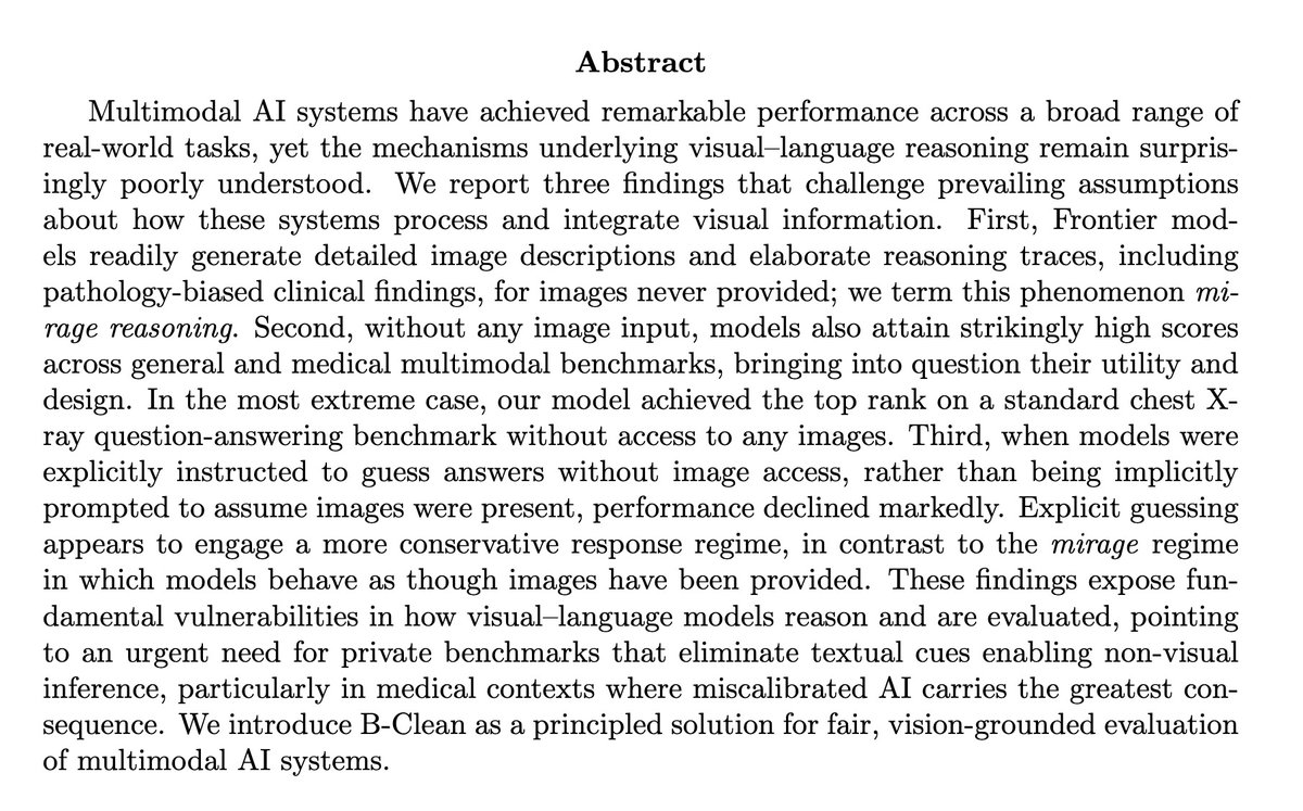 fly51fly's tweet photo. [AI] MIRAGE: The Illusion of Visual Understanding
M Asadi, J W. O'Sullivan, F Cao, T Nedaee… [Stanford University] (2026)
https://t.co/R4kBHWllNW https://t.co/yiRPFtDeEj