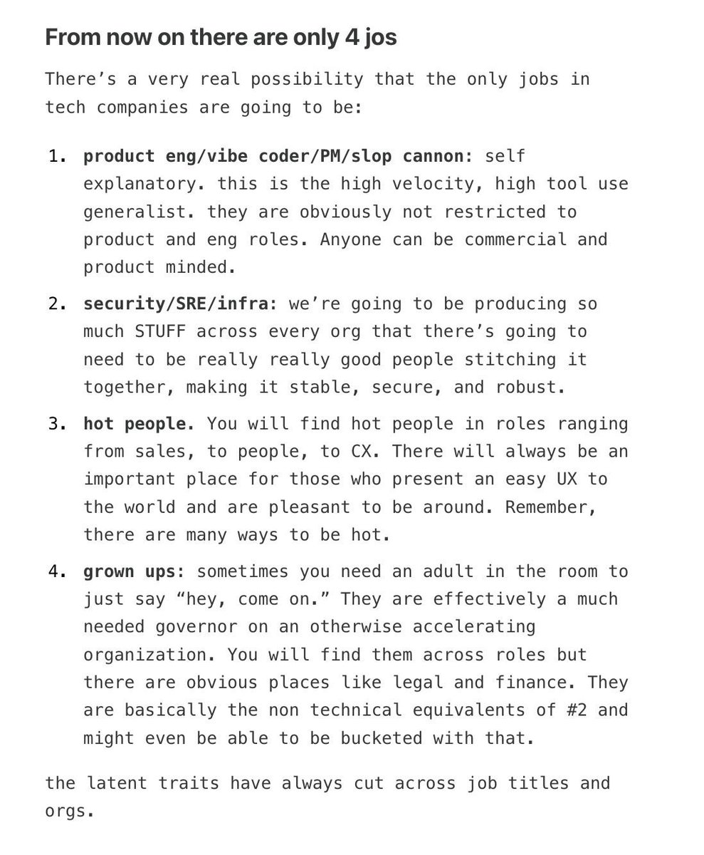 The only 4 jobs that will remain at tech companies.

Credit: <a href="/yrechtman/">yoni rechtman</a>