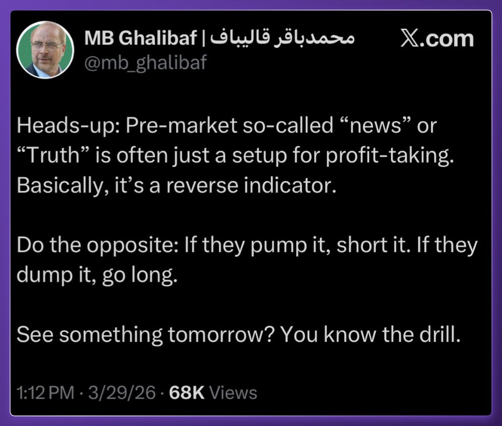 Teheran spricht inzwischen offen von Marktmanipulation und gezielten Falschmeldungen der USA.

Laut dem iranischen Parlamentspräsidenten dienen diese „Nachrichten“ und „Wahrheiten“ vor allem der Gewinnmaximierung.

Die Spannungen nehmen weiter zu. 🚨