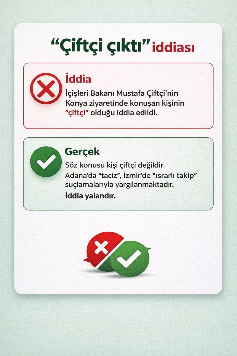 YanlisileDogru's tweet photo. ❌ İçişleri Bakanı Mustafa Çiftçi’nin Konya ziyaretinde konuşan kişinin “çiftçi” olduğu iddia edildi.

✅ Söz konusu kişi çiftçi değildir. Adana’da “taciz”, İzmir’de “ısrarlı takip” suçlamalarıyla yargılanmaktadır. İddia yalandır. https://t.co/rfbH7P7gOT