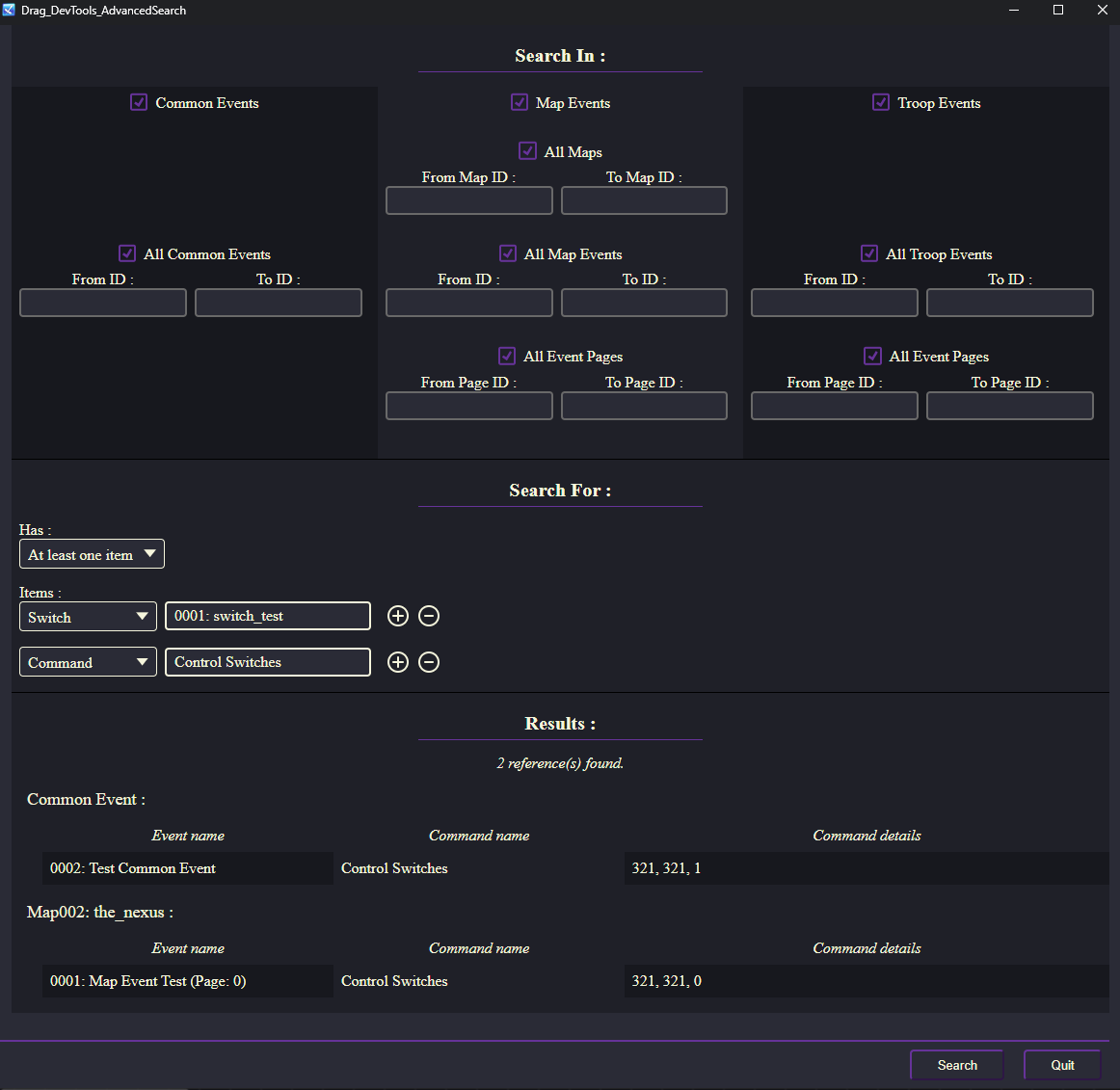 DragAndPlugin's tweet photo. Advanced event search is now a thing in my Visual Event Editor for RPG Maker MV/MZ. Easily find references to variables, switches, actors, commands, ect, in any of your events :  

#rpgmaker #rpgmakermv #rpgmakermz https://t.co/NSyIBFguQZ