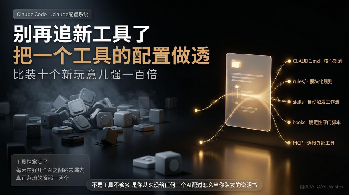 用Claude Code的朋友，
别光在对话框里一轮一轮地聊了，
看看这篇，一个.claude文件夹，五层配置，
200行规范，AI自己规划、自己改、自己测、
失败了自己修，跑完整个闭环不用你盯。

说实话这篇我看完沉默了很久，
不是因为Claude Code有多厉害，
功能列表谁都能写，