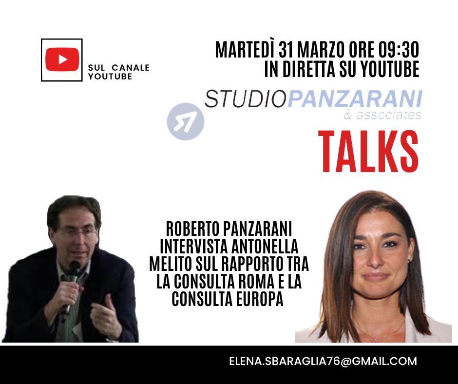 Studio Panzarani Talks . Incontro con Antonella Melito consigliera Roma Capitale sul rapporto tra la Consulta Roma e Consulta Europa . Martedì 31 marzo ore 9 e 30 su canale YouTube Studio Panzarani.