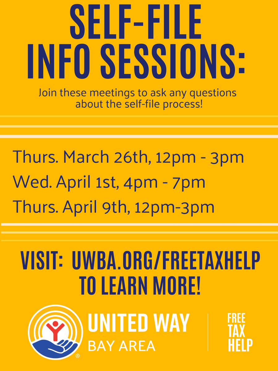 FreeTaxHelpBA's tweet photo. There is still time to self-file! Our next info session is on April 1! 

Visit https://t.co/fvAaIf1emh to learn more about the self-file process, including meeting dates that you can get free help.

Self-file info sessions: 
April 1st, 4-7pm
April 9th, 12-3pm https://t.co/jk07LJSXp5