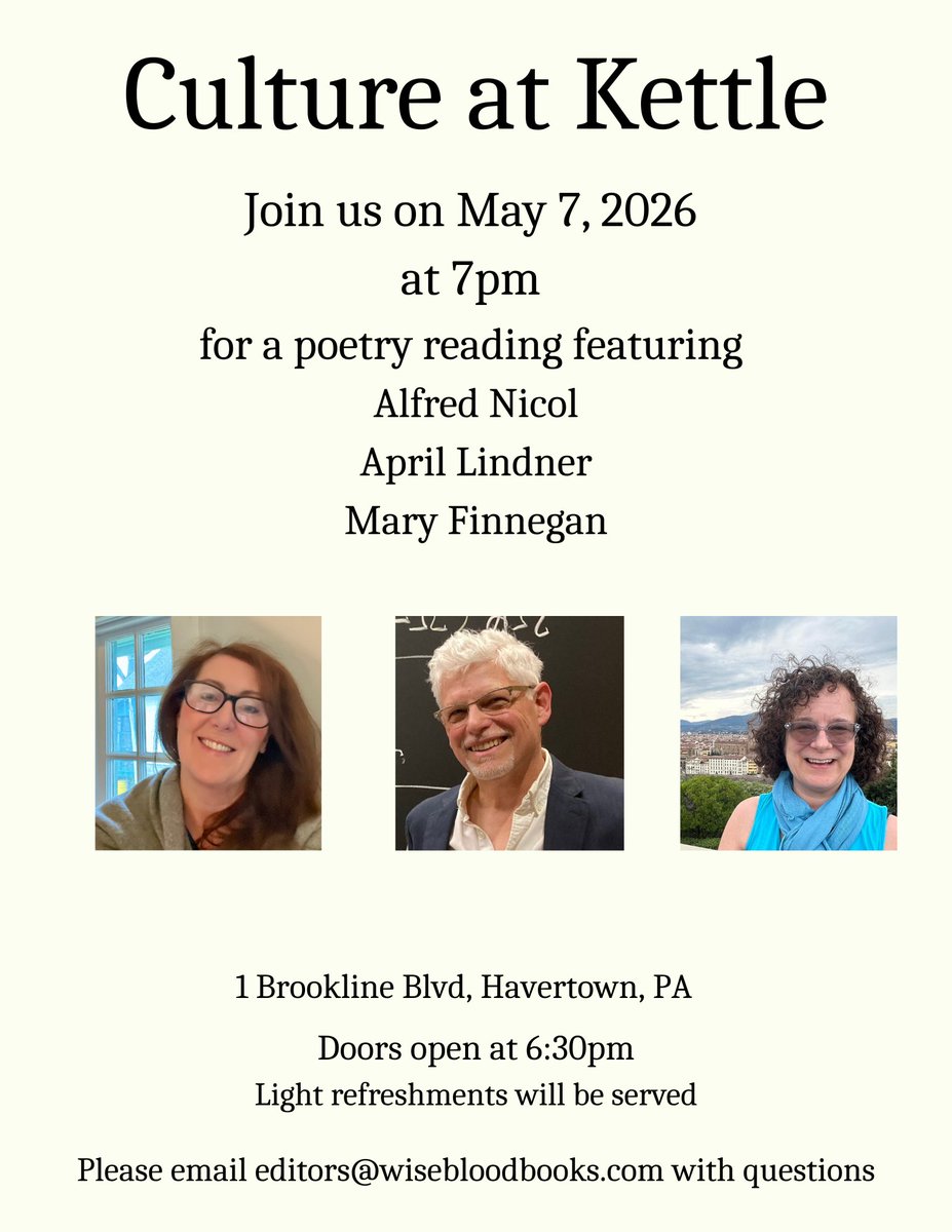 maryraphaela's tweet photo. Join us at Kettle on the Blvd in Havertown for an evening of poetry on May 7. We'll have snacks and wine, too! With @LindnerWrites, @alfred_nicol, and myself sharing our work. (There's plenty of street parking and a lot down the street.) This is the first of what we hope will be many events, including poetry, plays, music, art, and all the good contemporary culture has to offer.