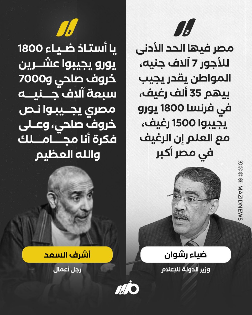 MazidNews's tweet photo. رجل الأعمال أشرف السعد: يا أستاذ ضياء 1800 يورو يجيبوا عشرين خروف صاحي و7000 سبعة آلاف جنيه مصري يجيبوا نص خروف صاحي

#مزيد https://t.co/6Q7Z8qIUXX