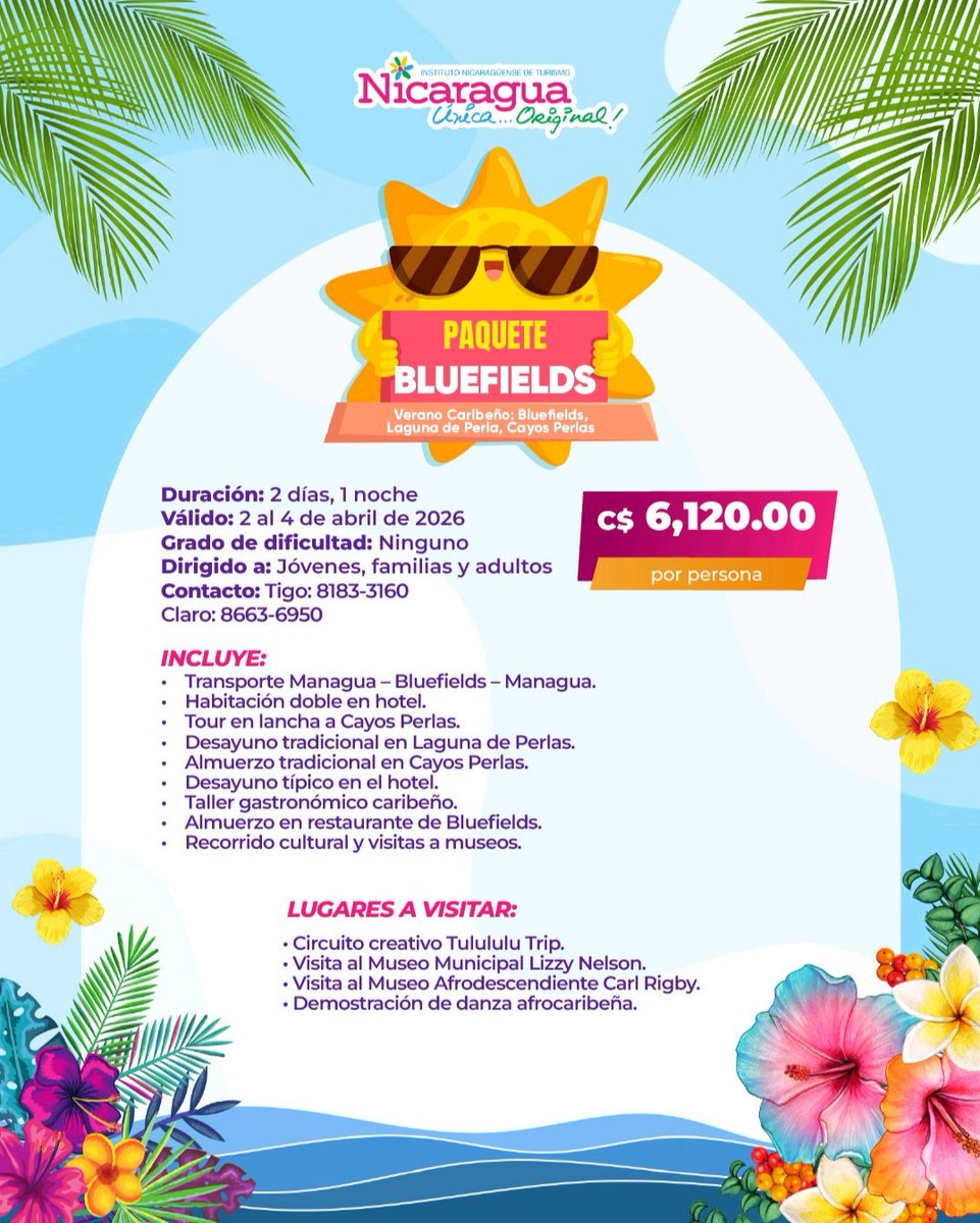 🌴☀️ ¡Este verano se vive mejor en la Costa Caribe Sur! 🌊✨
Disfruta playas paradisíacas, cultura única y momentos inolvidables con familia o amigos. 🏝️

📩 Reserva tu paquete turístico hoy y haz de tus vacaciones una experiencia épica.

#Verano2026 #CaribeSur