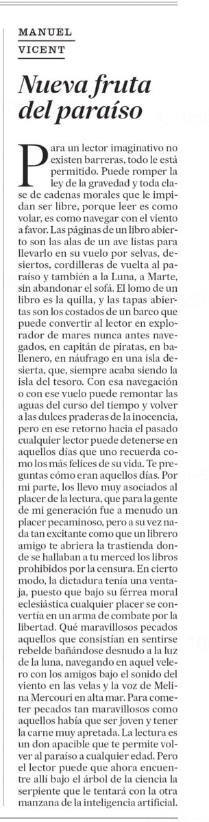 LA TRASTIENDA DEL LIBRERO, UNA DULCE MANZANA (…menos tóxica que la I.A.) Manuel Vicent en El País.