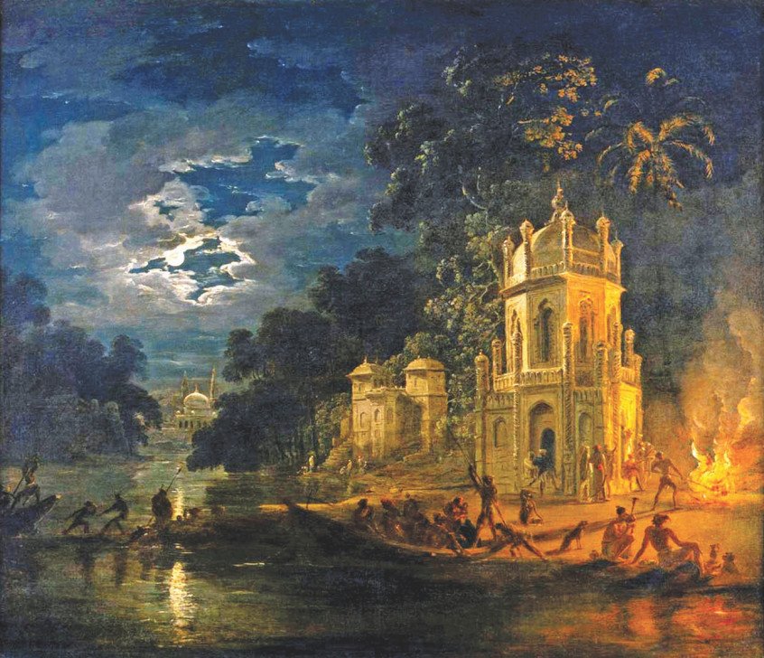A painting of Nagaphon Ghat, Dhaka, Bangladesh (1787), by Johann Zoffany, portraying moonlit riverine life and the natural landscape of 18th-century Dhaka.