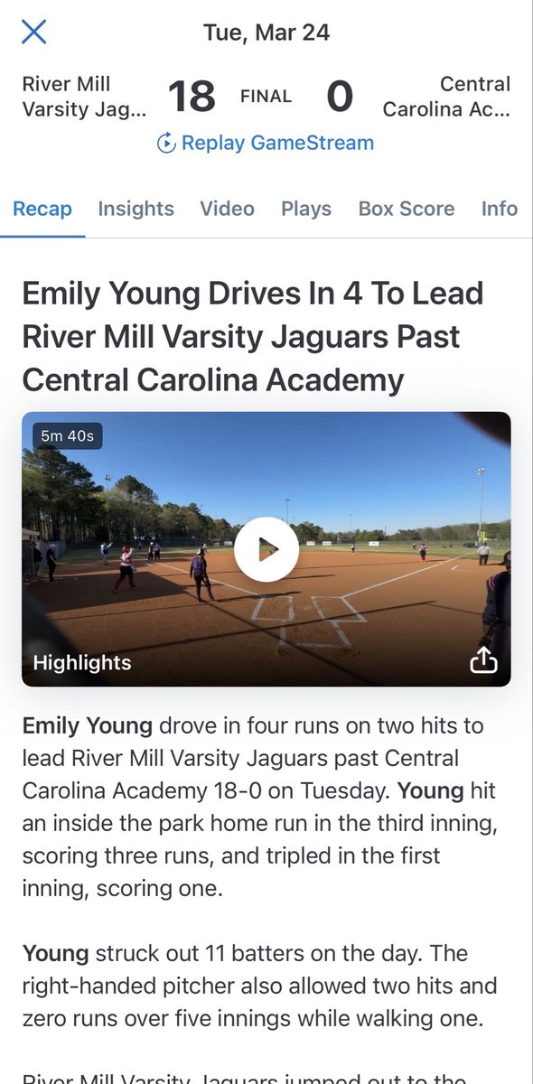 emily_young2029's tweet photo. Had a great week batting .400 with a triple and in the park home run! I threw 200 pitches in 12 innings with a strike % of 70! Looking forward to continuing a great season! https://t.co/rln0193vHs