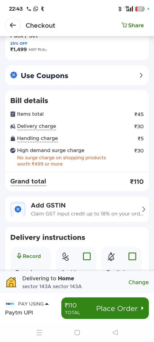PiyishJi's tweet photo. @letsblinkit @UPGovt Product cost 45Rs. And total cost - 110,
Is this good for the Coman man.
And total distance from the blinkit store - 10 Meter (just above the Blinkit Store)
Sec-143A Noida up https://t.co/MJedCUO0Oq