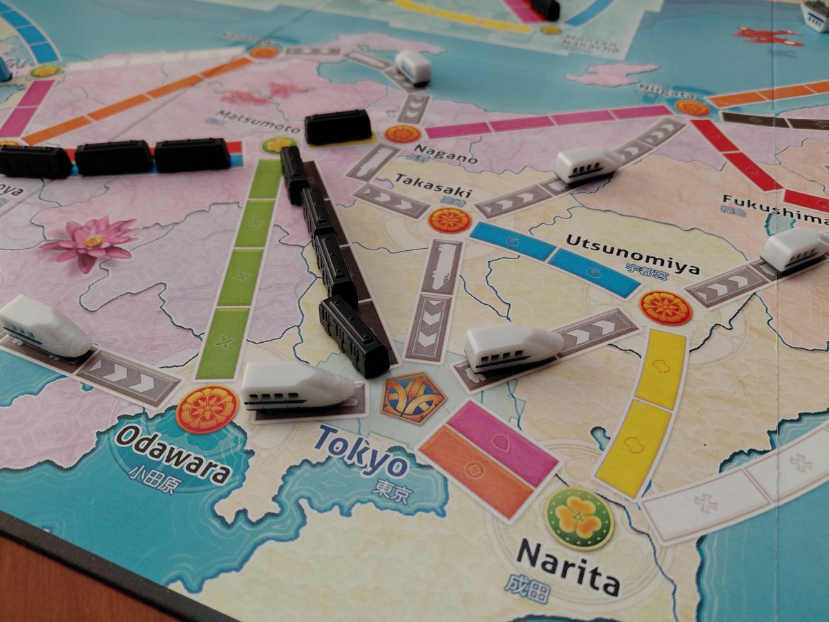 tompeske's tweet image. Next up is Ticket to Ride Japan. Both sides of the board are good (Italy on the flipside), but i admit I really like Japan best. At 3 players it gets really competitive.  #boardgames #tabletopgames