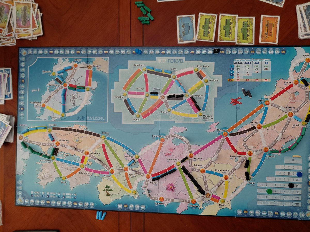 tompeske's tweet image. Next up is Ticket to Ride Japan. Both sides of the board are good (Italy on the flipside), but i admit I really like Japan best. At 3 players it gets really competitive.  #boardgames #tabletopgames