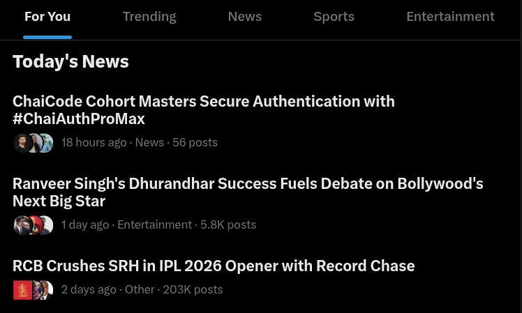 saharitam963's tweet image. Still in the news for yesterday's class!! Abhi toh ajke class ka bhi trending hona baki hain 🔥
Power of our @ChaiCodeHQ community!🧿✨

@Hiteshdotcom @piyushgarg_dev @nirudhuuu @surajtwt_ @yntpdotme @devwithjay @BlazeisCoding 

#Chaicode #Cohort #ChaiAuthProMax #ChaiDrizzle