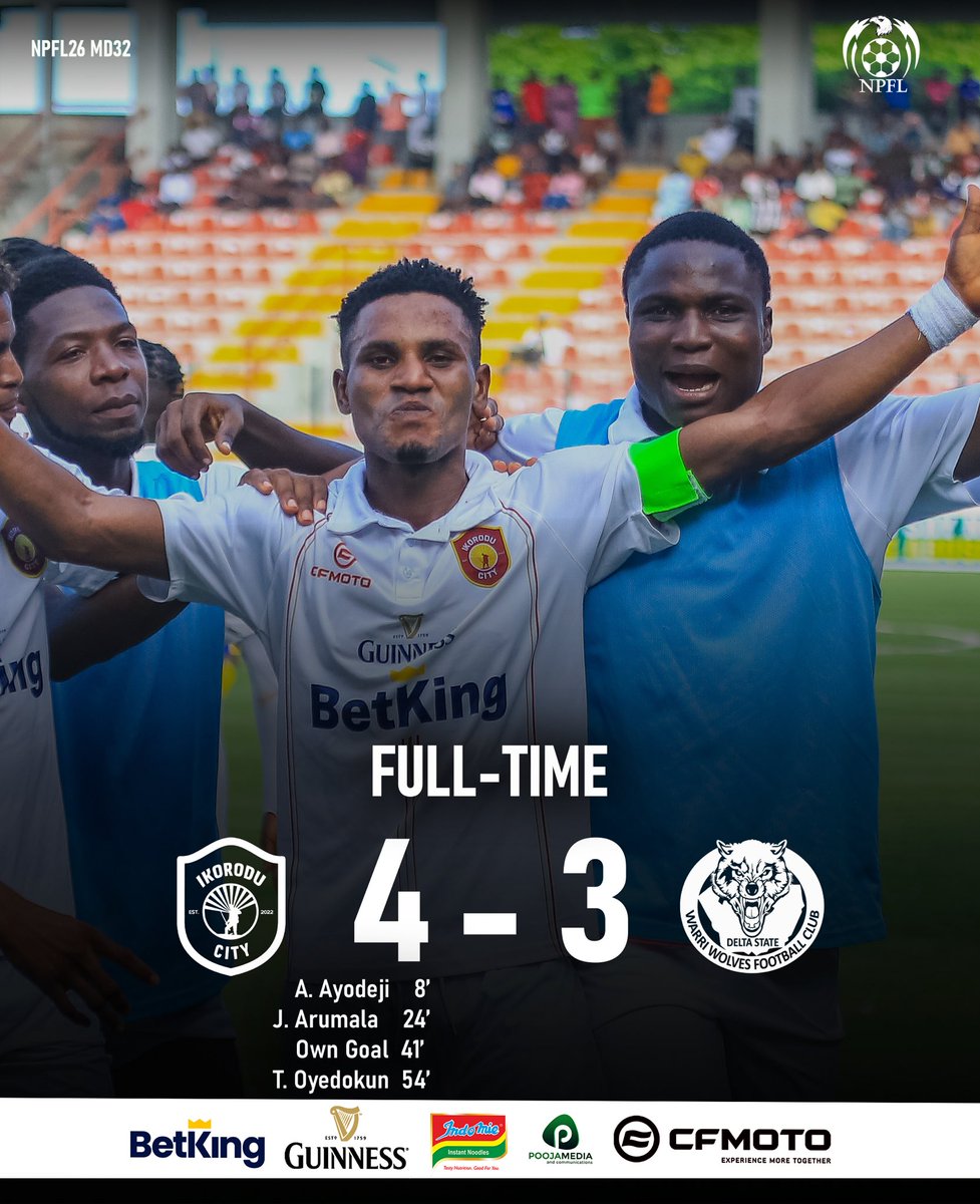 FULL TIME

#NPFL26 MD32
#OgaBoys [] #WeAreIkoroduCityFC