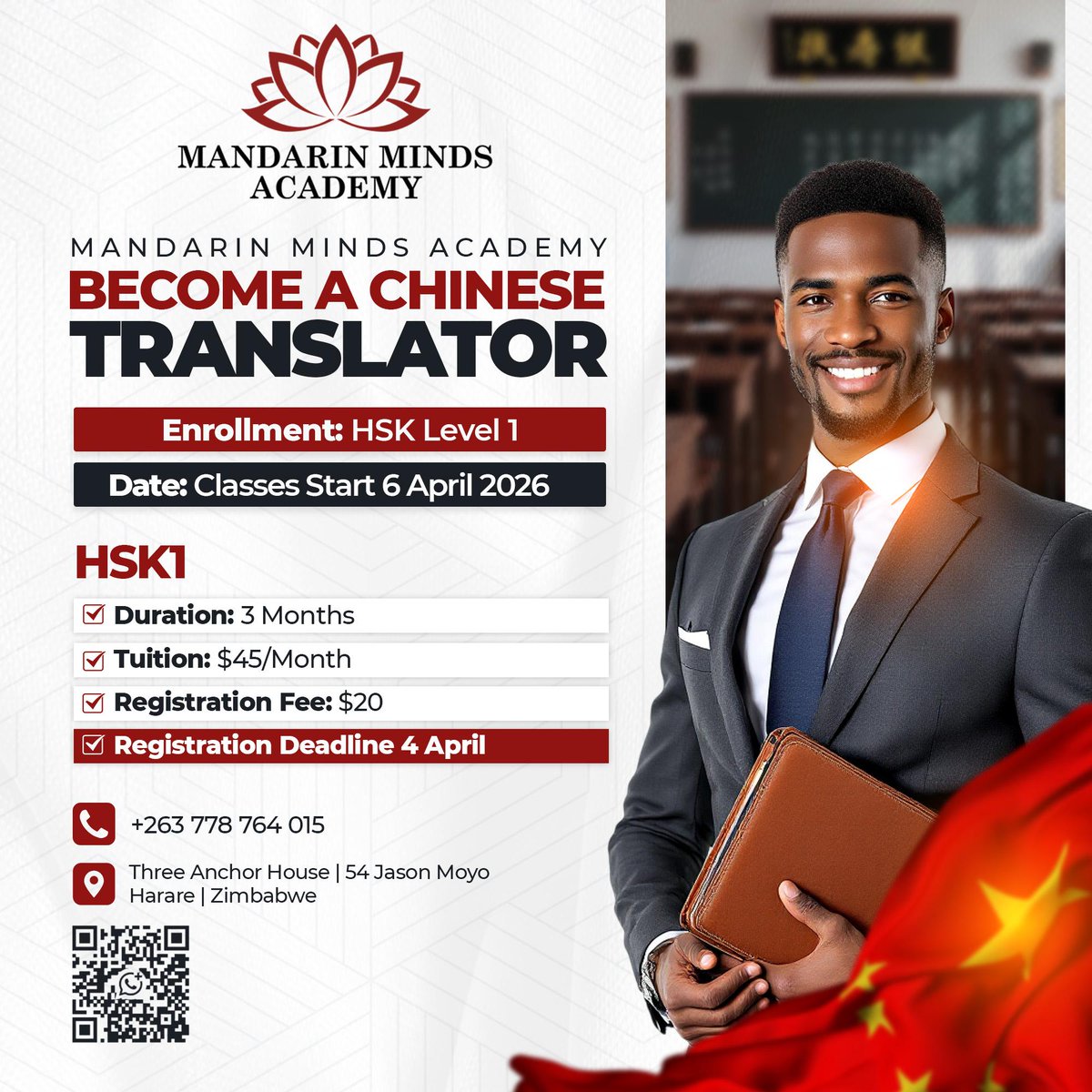 Charlesbatzee's tweet photo. @redmarketsunday @redmarketsunday 🚀 New Intake Alert! 📚
​Want to become a Chinese translator? Join our classes starting April 6th!
​🗓️ Mon, Wed, Thu | 7-8 PM
💰 $20 Reg | $45/mo
📍 4th Floor, Three Anchor House, Harare
📲 WhatsApp: 077 876 4015
​Secure your spot now: https://t.co/kM1BQSCOaa https://t.co/bXna9LdAuP