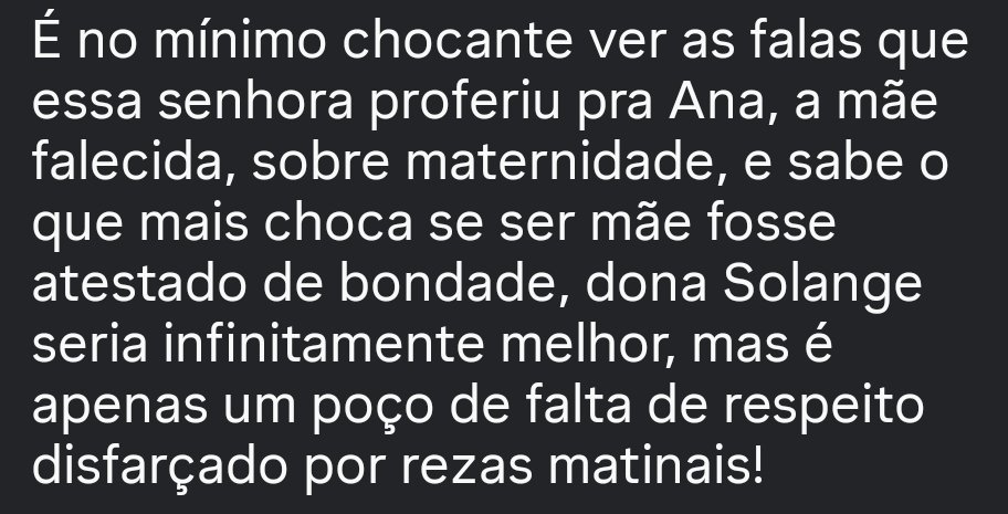 Sobre Solange Couto:

O comentário abaixo eu deixei no Instagram, mas como todo participante frouxo, a equipe limitou os comentários 😉.

Ana e todas as mulheres merecem respeito por suas escolhas!

#ANAPAULACAMPEÃ
<a href="/eusolangecouto/">Solange Couto 🌻</a>  #BBB26
