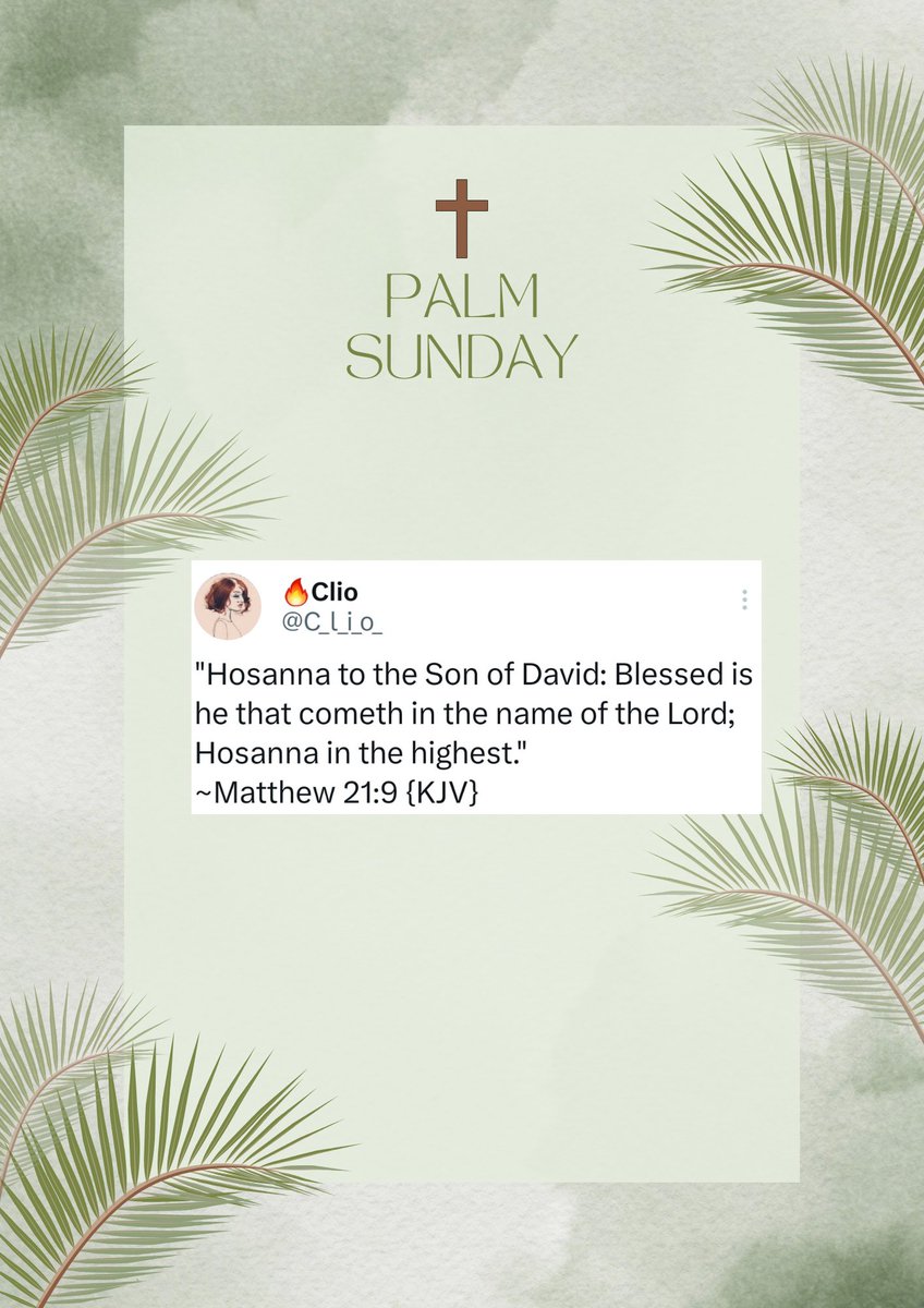 C_l_i_o_'s tweet photo. Happy Palm Sunday โ๏ธ๐ฟ
Let's remember the Triumphal Entry of JESUS (Matt 21:1-11).
He rode in on a donkey, fulfilling prophecy (Zech 9:9). Crowds praised Him shouting 'Hosanna' laying palms down. A King of peace pointing to the cross.
#palmsunday๐ฟ #triumphalentry #jesusisking๐ https://t.co/H8kOhzRwqy