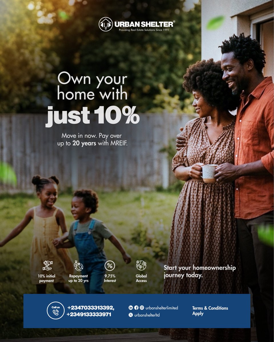 Stop renting. Start owning.

With just 10% upfront, you can move into your home and pay over time (up to 20yrs) through the Ministry of Finance Real Estate Investment Fund.

Start your homeownership journey today. 

CALL US
📞 +2347033313392, +2349133333971

#homeownership #mreif
