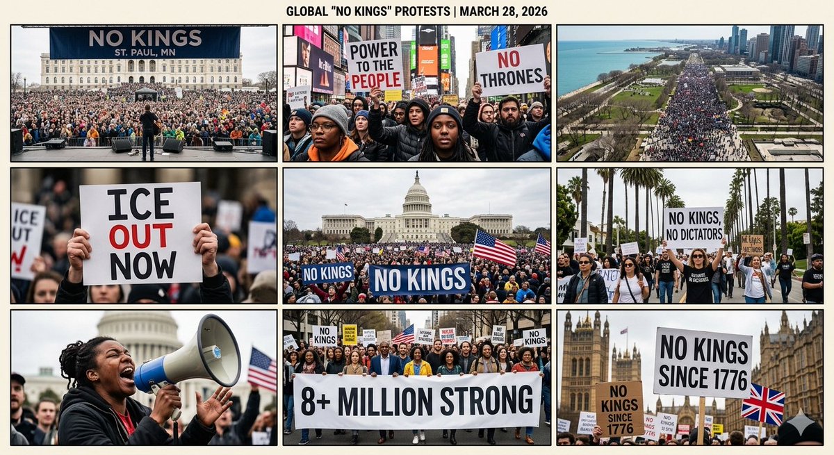 RaziGeoAnalyst's tweet photo. History in the making! 🚨 Estimated 8-9 MILLION people just flooded the streets across all 50 states for #NoKings Day. From NYC to small towns, the message is clear: No to the Iran war, no to authoritarian overreach, and power back to the people. 🇺🇸✊ #NoKingsProtest #March28 #Democracy #IranWar