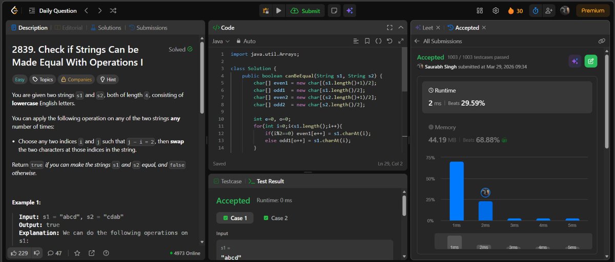 SaurabhSin8534's tweet image. 🔥 Daily Coding Challenge Completed on @LeetCode — Check if Strings Can be Made Equal With Operations I (2839)
Solution Approach:-

• String Traversal
• Even–Odd Index Character Comparison.

Compared characters at even and odd indices separately..

#buildinpublic #Learn #coding
