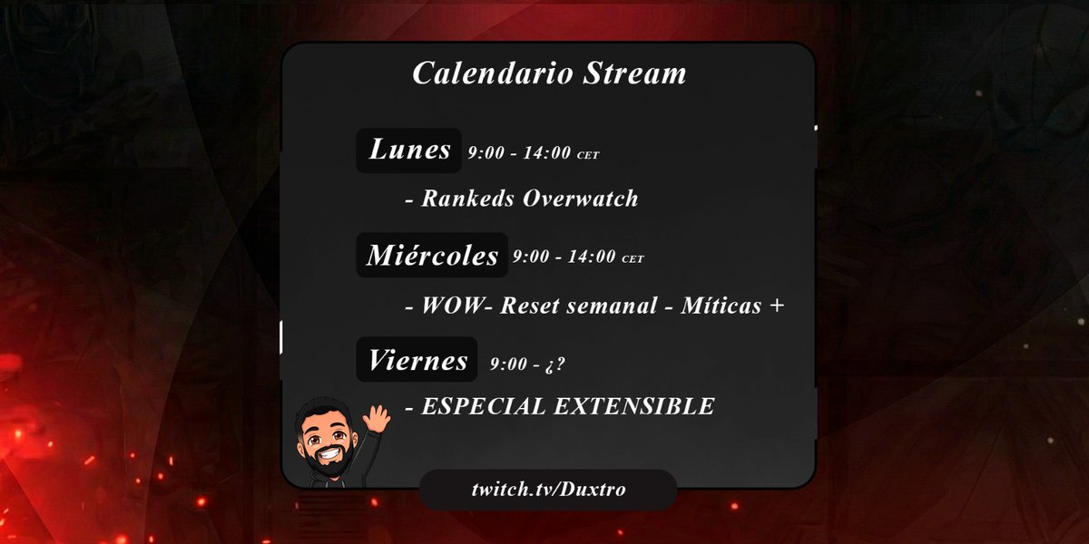 DuxtroMB's tweet photo. ⏰Horario de Stream de la semana del 30 de Marzo al 5 de Abril ⏰

Como siempre nos vemos tanto en la plataforma morada como en la verde💜 https://t.co/iZOLJ6HMQR