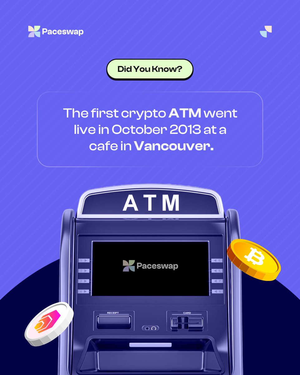 paceswap's tweet photo. Did you know? The crypto revolution hit the streets in October 2013 with the world’s first Bitcoin ATM in Vancouver! 🇨🇦🚀
#CryptoHistory #Bitcoin #Paceswap https://t.co/FHnGY0XCkG