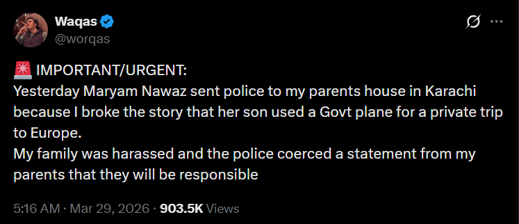 pakistanwalli's tweet photo. No, Waqas, Maryam Nawaz did not send police to your parents’ home in Karachi. Sindh police do not take orders from the Punjab chief minister. Maryam Nawaz asked military dictator Asim Munir, who then had the ISI sector commander in Karachi send men disguised as police to harass and coerce your parents.

In total solidarity with you and your parents.