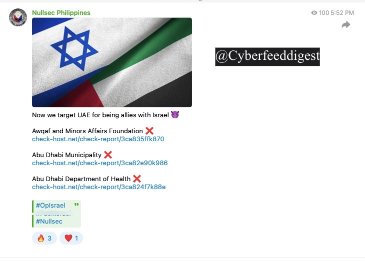 cyberfeeddigest's tweet image. "#NullsecPhilippines" targeted #UAE entities with #DDOS attack:

Awqaf and Minors Affairs Foundation ❌️
check-host.net/check-report/3…

Abu Dhabi Municipality ❌️
check-host.net/check-report/3…

Abu Dhabi Department of Health ❌️
check-host.net/check-report/3…