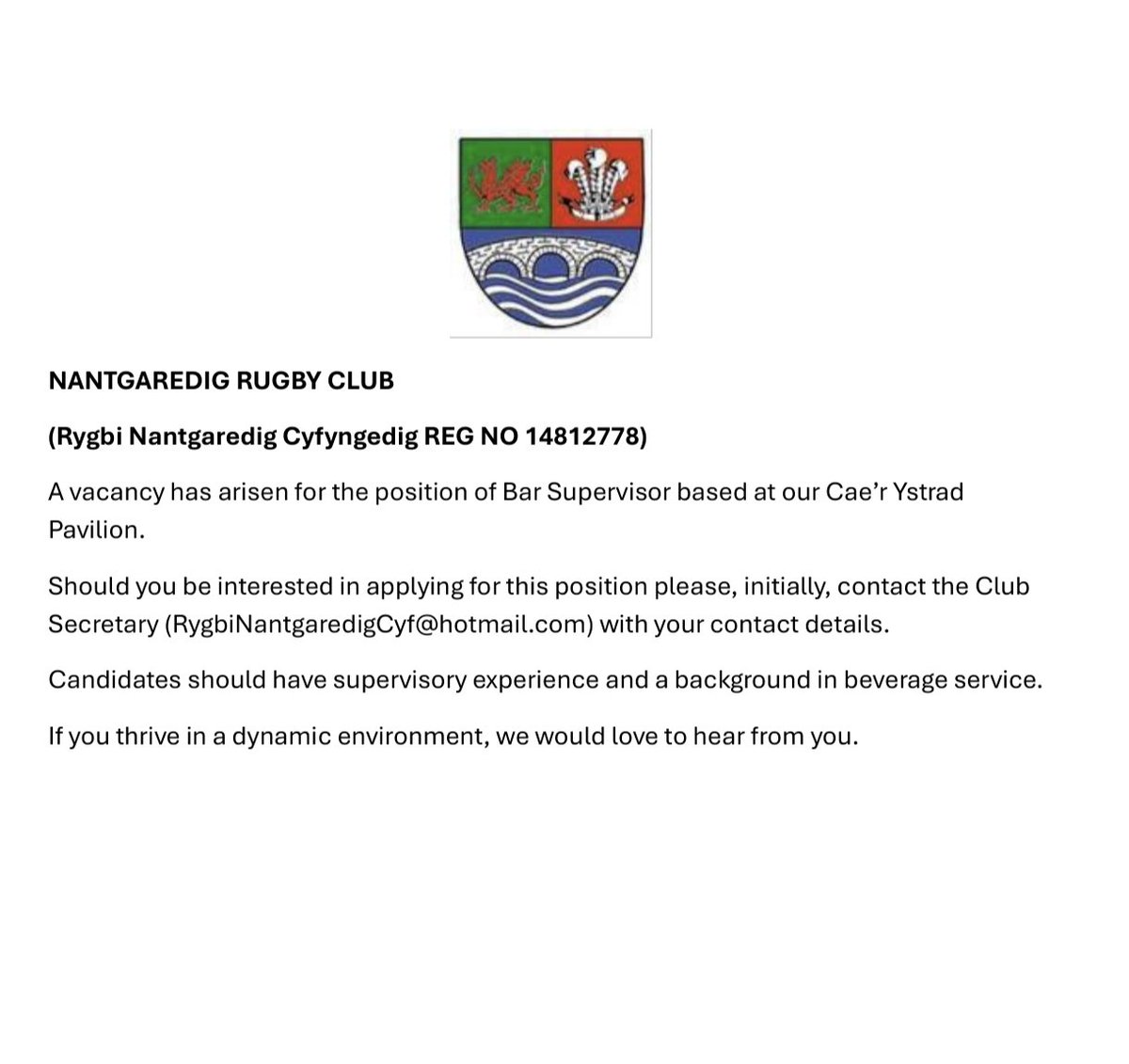 NantgaredigRFC's tweet photo. ❗Club Vacancy ❗
If you or someone you know may be interested please get in touch 👇🍻 https://t.co/HXRonhoTbL