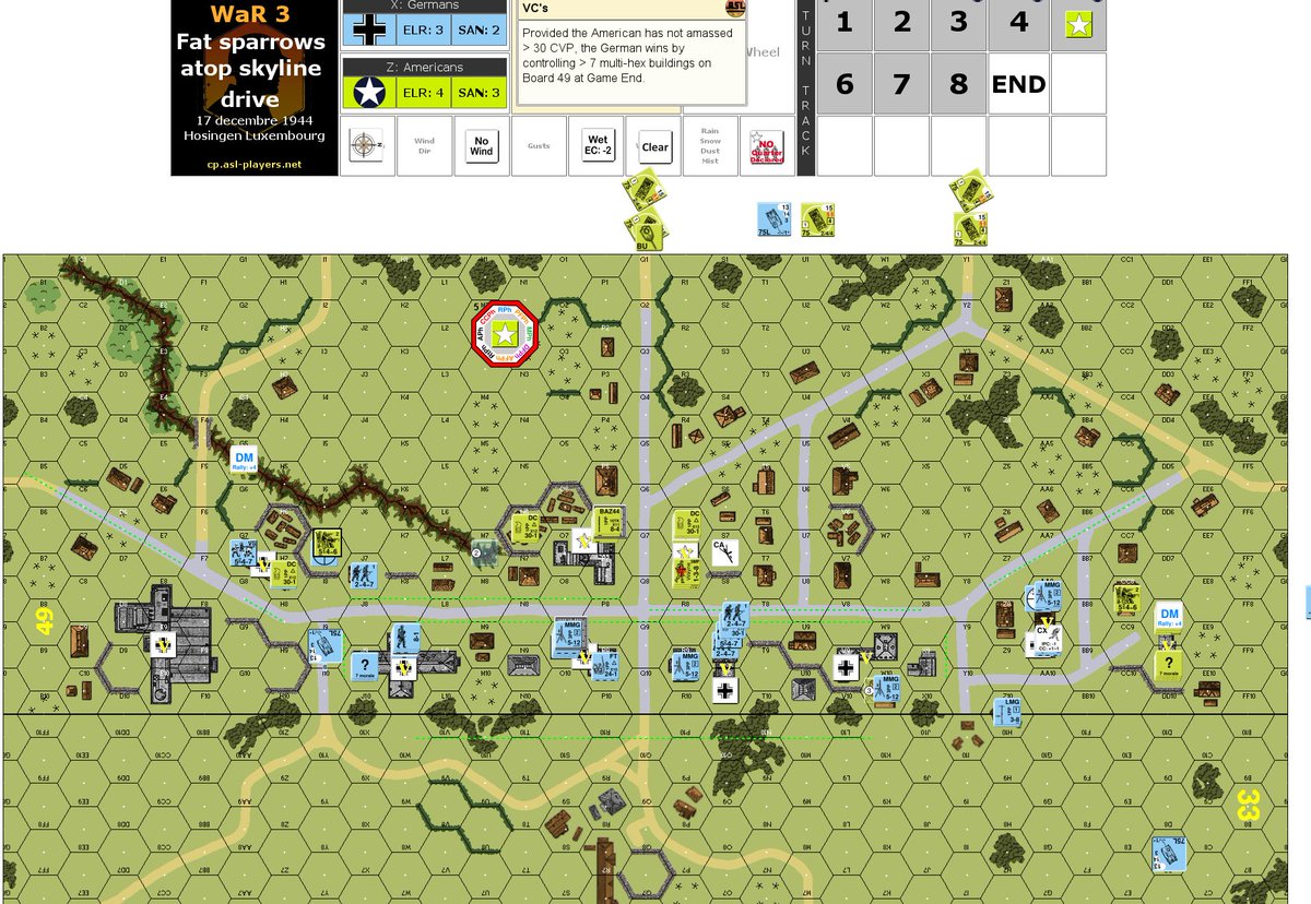 prevot33's tweet photo. The Cavalry is coming 😅
At its last possible turn... 
The US inf.try to do it's best against the high German firepower but lost control of 3 buildings.
Will the 4 tanks about to enter be enough to regain one ?
#advancedsquadleader https://t.co/xraCtEnBNr
