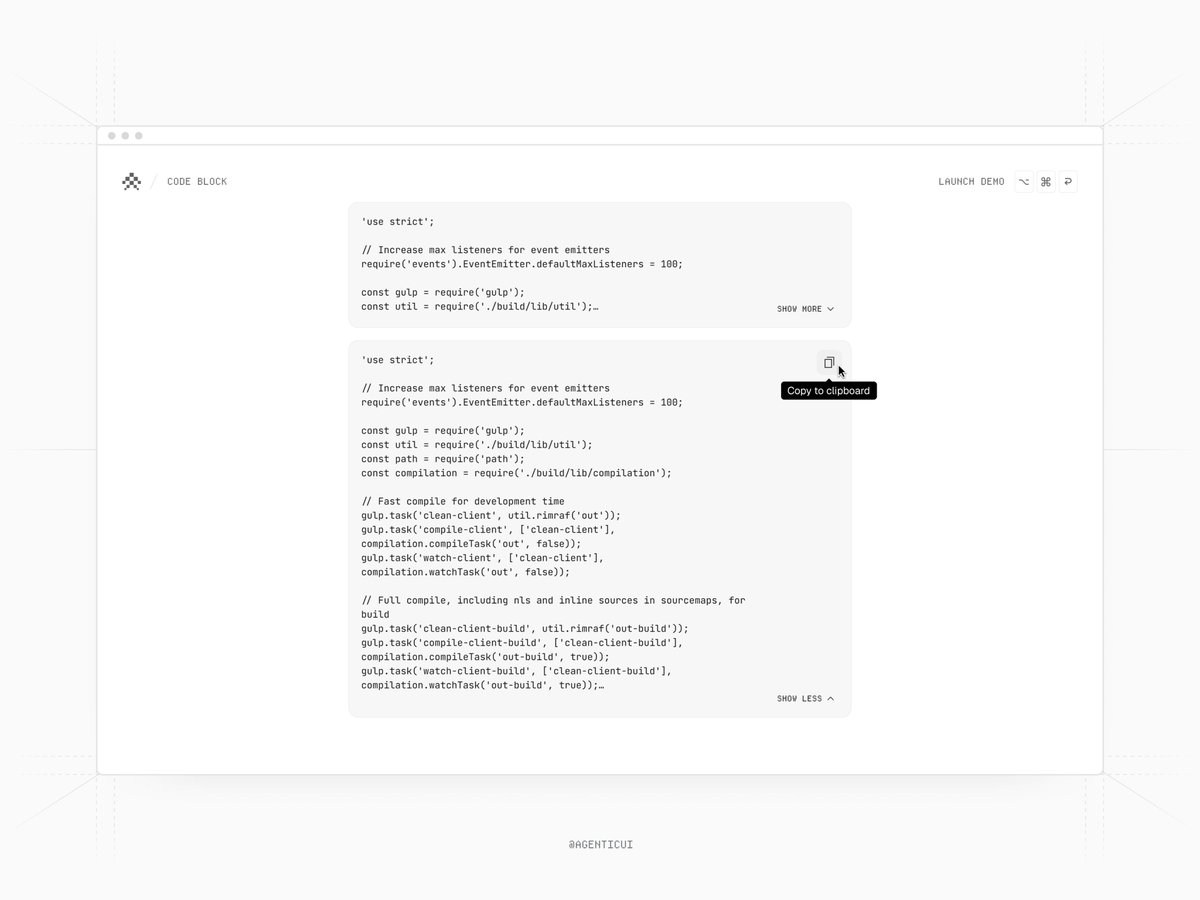 Code block component ⚫

w/ <a href="/AgenticUi/">Agentic Design System</a>