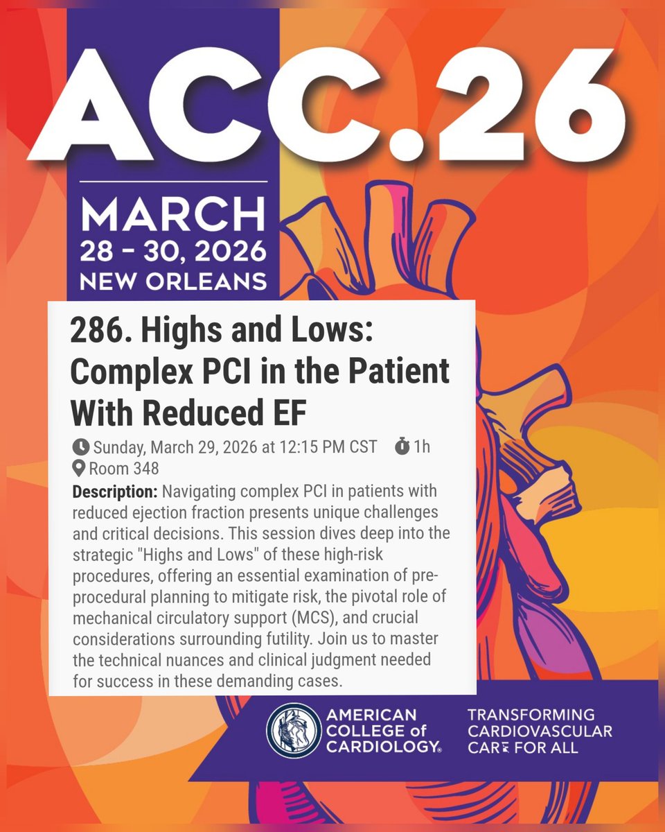 Zill_cardio's tweet image. #ACC26

After hearing the much-awaited MCS trial results,it's 🎯 time to dive into the “Highs &amp;amp; Lows” of Complex PCI in ⬇️ EF

Attend to hear experts on:

🧠 Pt Selection &amp;amp; Pre-proced planning in Low EF PCI 

⚙️ MCS: pivotal role 🆚️ futility considerations

#CHIP #MCS #ACCIC