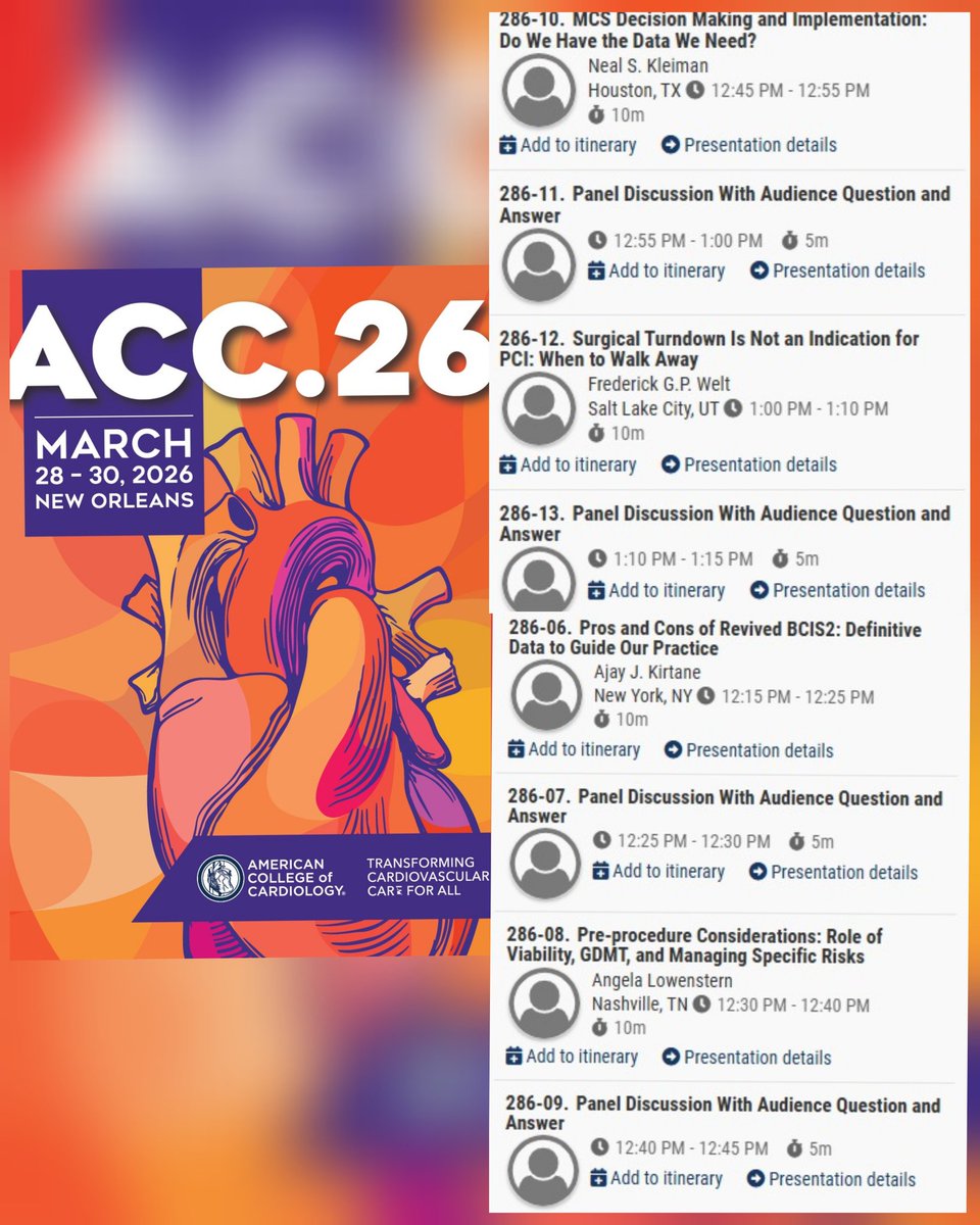 Zill_cardio's tweet image. #ACC26

After hearing the much-awaited MCS trial results,it's 🎯 time to dive into the “Highs &amp;amp; Lows” of Complex PCI in ⬇️ EF

Attend to hear experts on:

🧠 Pt Selection &amp;amp; Pre-proced planning in Low EF PCI 

⚙️ MCS: pivotal role 🆚️ futility considerations

#CHIP #MCS #ACCIC