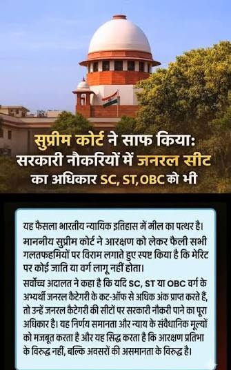 DrSajjanSaini's tweet photo. सुप्रीम कोर्ट ने आज ऐतिहासिक फैसला सुनाते हुए कहा कि -  अगर कोई OBC, SC,ST, EWS वर्ग का अभ्यर्थी सामान्य वर्ग के कटऑफ को पार करता है तो उसका चयन सामान्य सीट पर होगा। https://t.co/Nxf9eRBabp