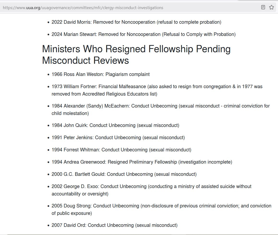 RobinEdgar's tweet image. That official @UUA list of #TheTipOfTheIceberg of "bad #Unitarian clergy" aka misconducting Unitarian Universalist ministers has been concealed by the #UUA.

I posted screenshots of that minimalist "less than transparent" list over a year ago:

emersonavenger.blogspot.com/2025/02/uua-mi…

#UUhistory