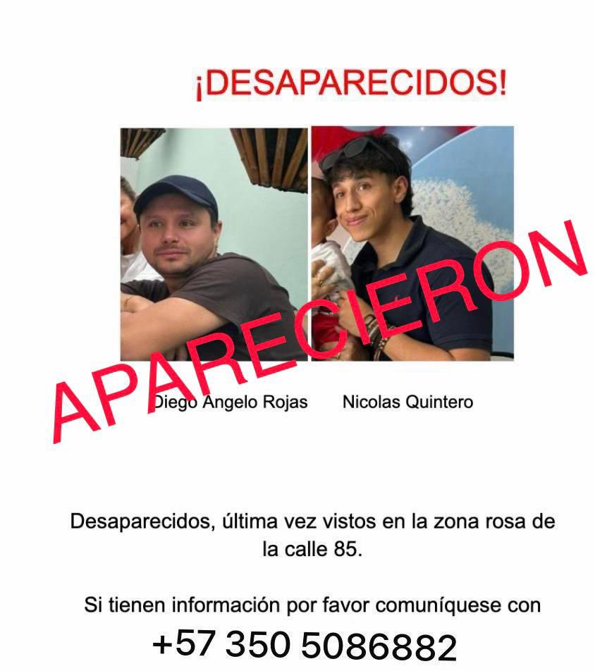 SeguridadBOG's tweet photo. Los señores Diego Angelo Rojas y Nicolás Quintero fueron hallados esta madrugada por los Gestores del Orden en una calle del sector de rumba de la zona T.
Ya se encuentran con sus familias desde esta mañana.
#RumbaSegura = #RumbaResponsable https://t.co/9MsjBeRPkV