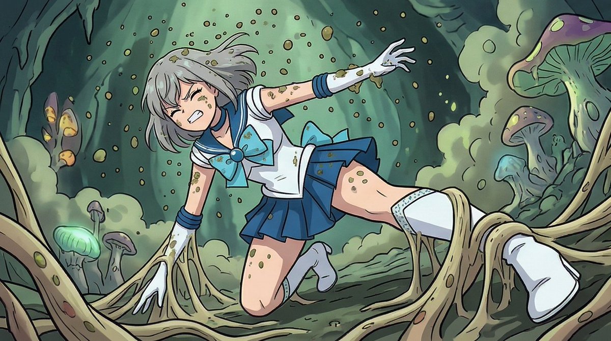 Ref_Archive's tweet photo. セーラーアステリア  ～森の奥に消える星光～

「あ……ああぁ……ッ！」

菌の妖魔から発せられた胞子を全身に浴びた瞬間、アステリアの体から、力が急速に抜け落ちていく。

それは、ただの脱力ではない。全身の細胞から、甘美な苦痛と共に、エネルギーが吸い尽くされていくような感覚。抗う気力さえも、その快楽を伴う胞子の毒に溶かされていく。アステリアの瞳から意志の光が消え、とろりと潤んでいく。

「……ち、力が……抜け……っ……ぁ……」

彼女の意識は、胞子の甘い香りと、エネルギーを奪われる喪失感の中で混濁。抵抗も虚しく、彼女の体を支えていた戦士の力が、ぷつりと切れた。 

強い光が彼女を包み、次の瞬間、セーラー戦士のコスチュームは光の粒子となって霧散した。